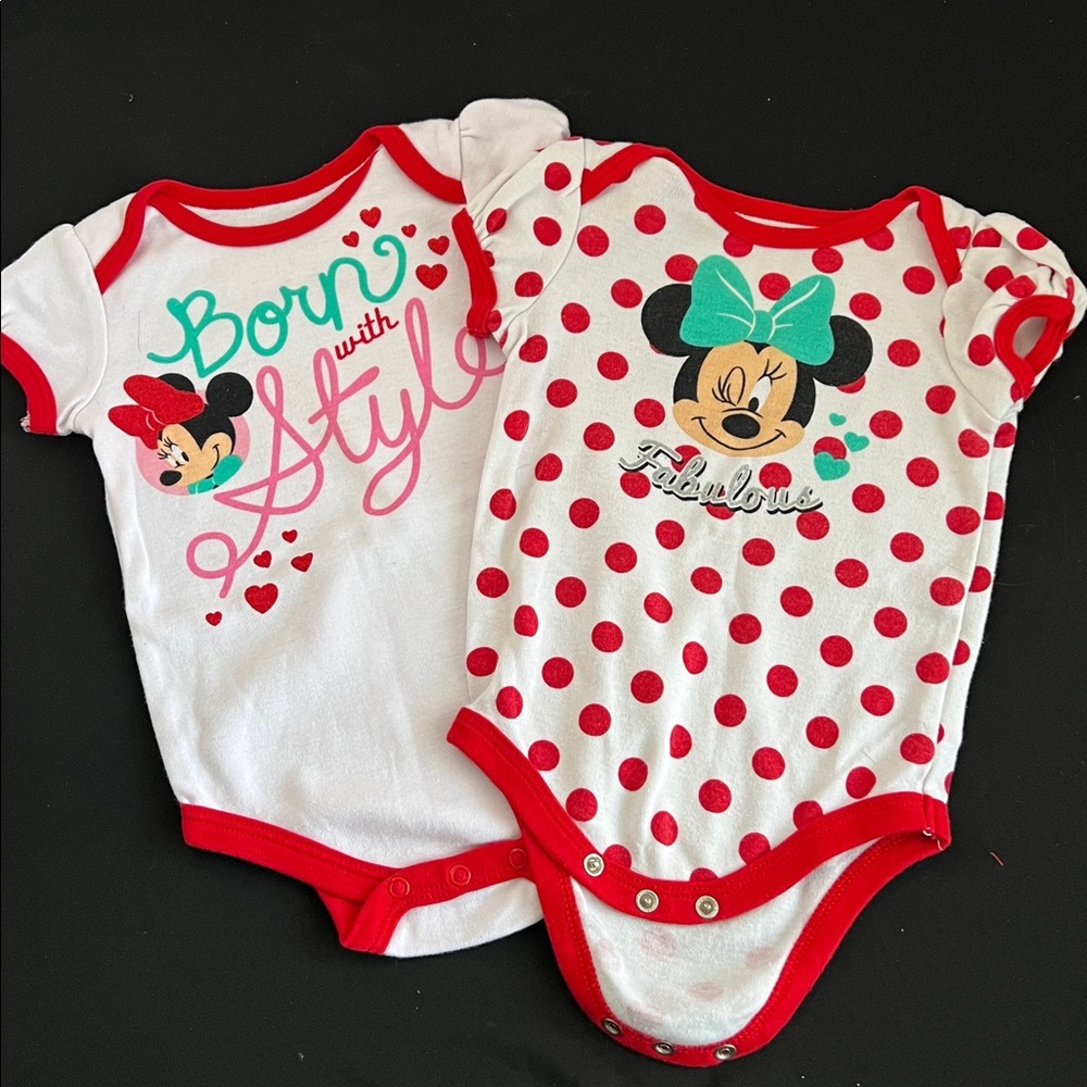 Set of 2 Disney Baby Red and White Minnie Mouse Onesie 6-9 Months